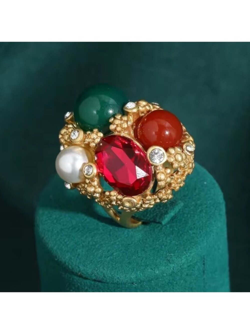 Opulent Collector’s Gem Ring Rare Ruby, Jade & Pearl in Ornate Gold Design - Picture 1 of 11